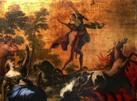 Hades dragging Persephone to the underworld in his chariot 