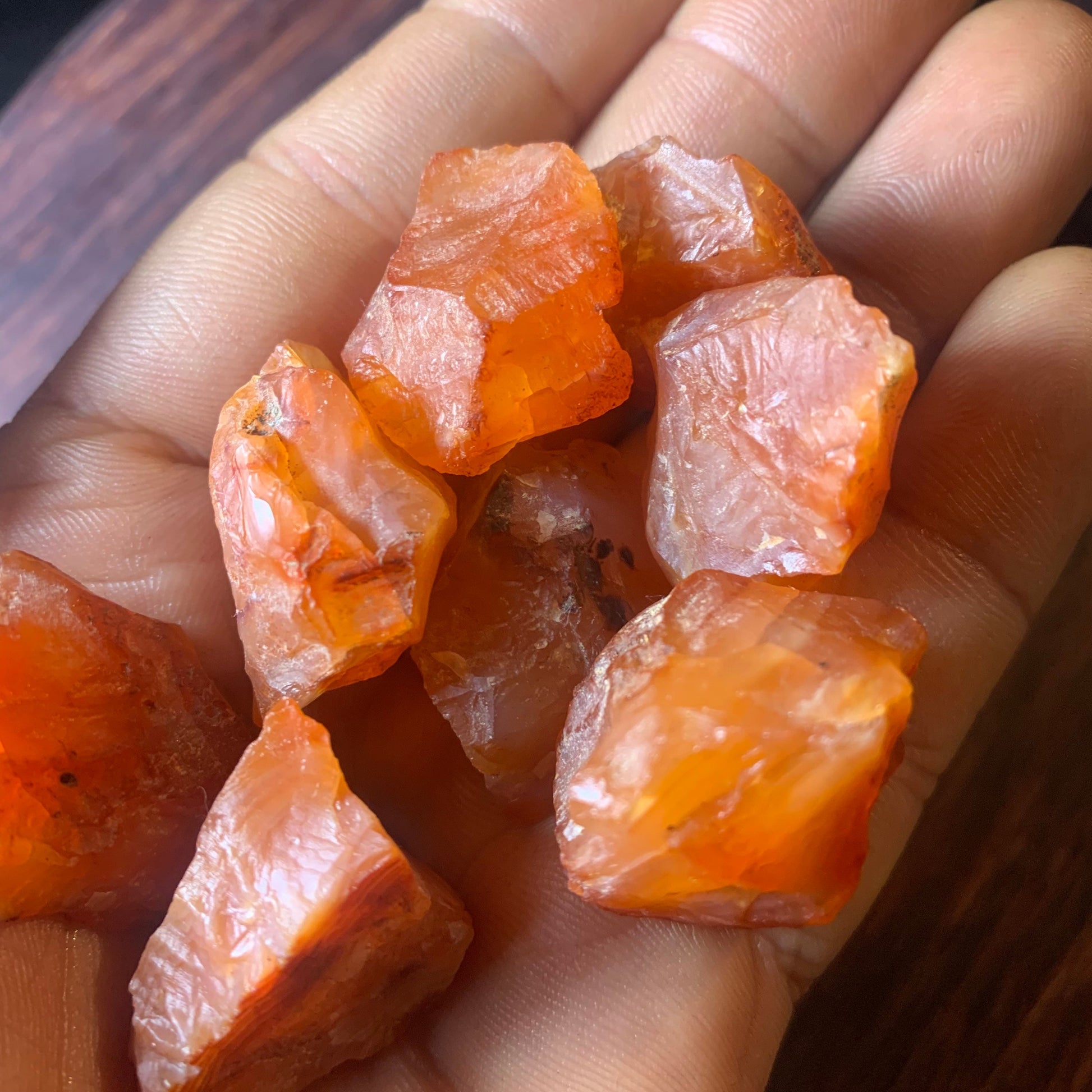 Raw Carnelian in palm everyday use
