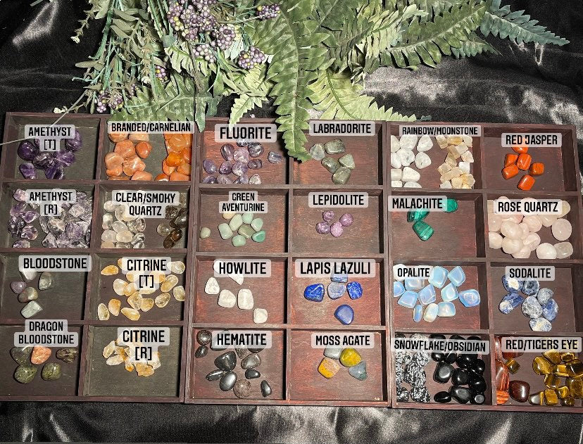 Crystal Gemstone selection raw amethyst | raw citrine | tumbled citrine | carnelian | sodalite | moonstone | moss agate | Lapis lazuli | snowflake Obsidian | Green Aventurine | Lepidolite | Rose Quartz | Howlite | Dragon Bloodstone | Hematite | BloodStone | Moss Agate | Fluorite | Clear Quartz | Black Obsidian | Branded Carnelian
