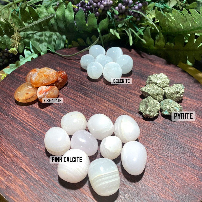 Selenite, Fire agate, Pink Calcite and pyrite