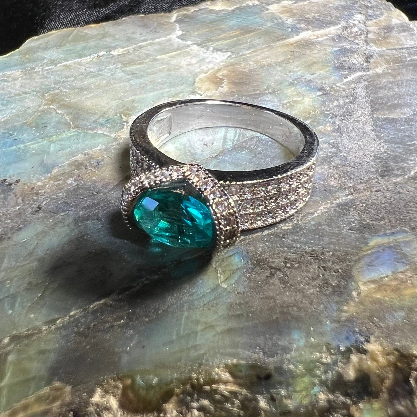 Aquamarine with cubic zirconia Ring close up
